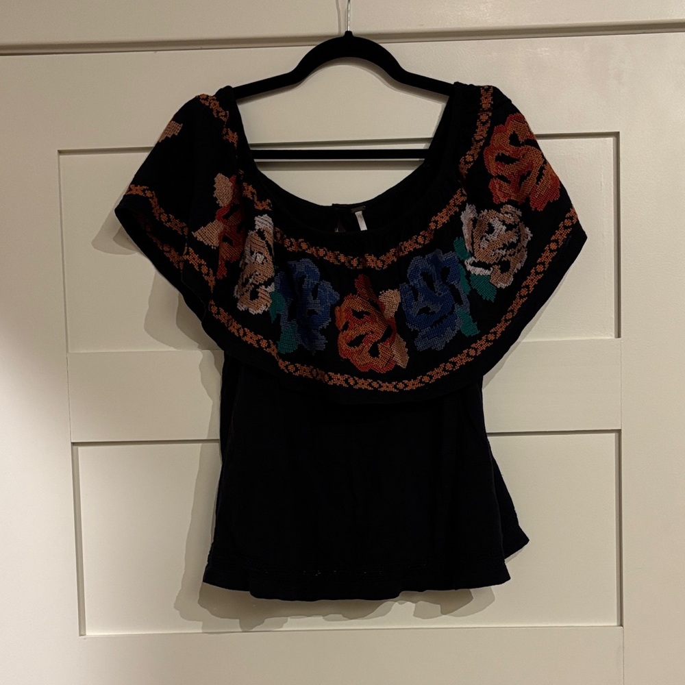 Free People Black Top with Multicolor Floral Embroidery